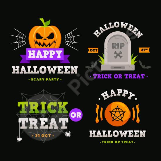 Collection of flat Halloween badges with spooky style, perfect for stickers, posters, packaging, and seasonal holiday design projects.
