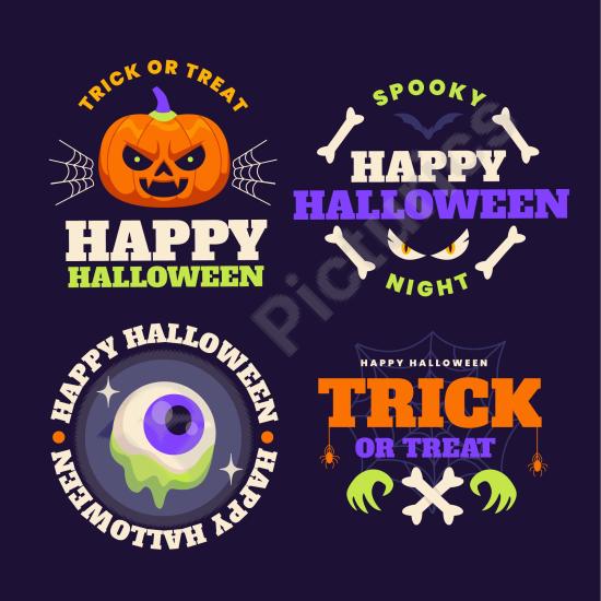 Collection of flat hand-drawn Halloween labels with spooky style, perfect for stickers, posters, packaging, and holiday design projects.