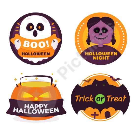 Collection of hand-drawn Halloween badges with spooky vintage style, ideal for stickers, posters, packaging, and holiday design projects.