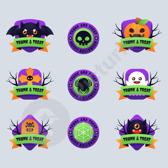 Collection of flat Halloween badges featuring candy chests and treats, perfect for stickers, posters, packaging, and festive holiday designs.