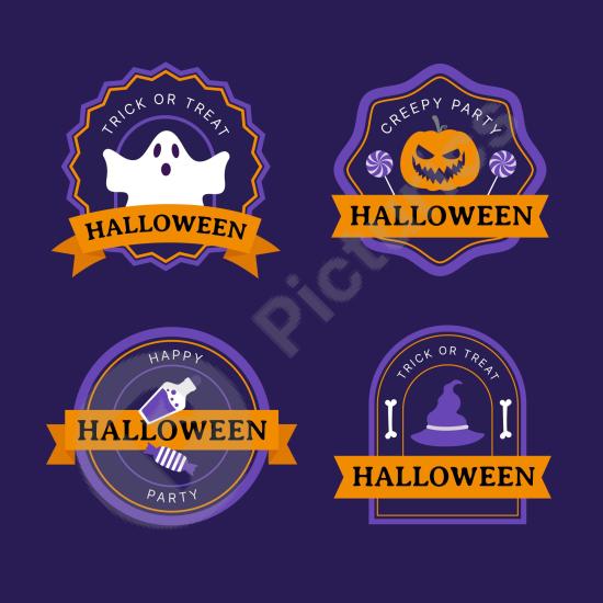 Collection of flat hand-drawn Halloween labels with spooky style, perfect for stickers, posters, packaging, and holiday design projects.