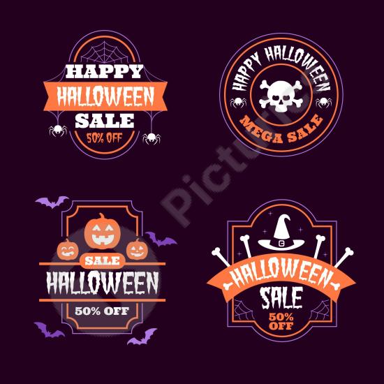 Collection of Halloween sale badges with spooky style, perfect for promotions, discounts, stickers, posters, and holiday marketing projects.