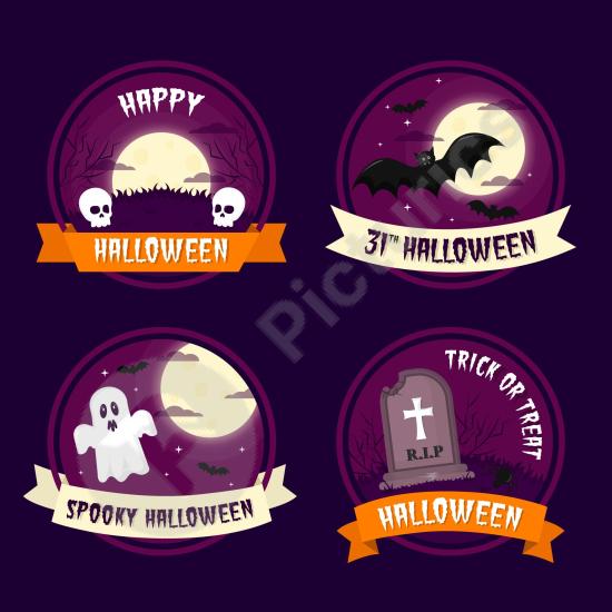 Collection of flat design scary Halloween badges, perfect for stickers, posters, packaging, and spooky holiday design projects.