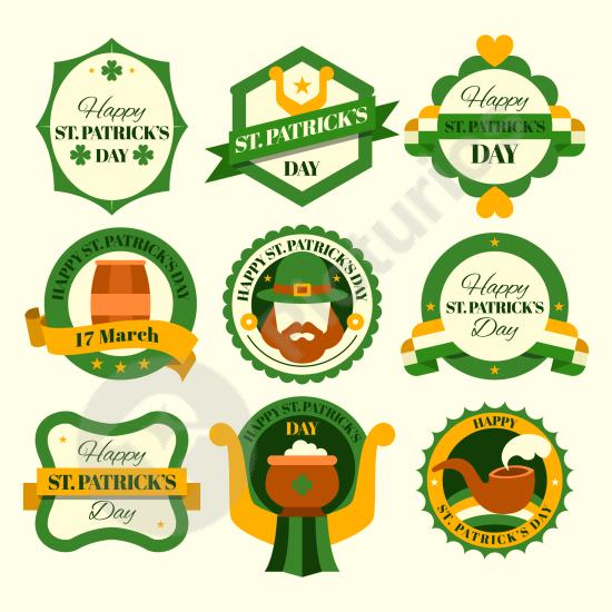 Flat design St. Patrick’s Day label collection featuring green clovers, festive icons, and Irish-inspired holiday decorations.