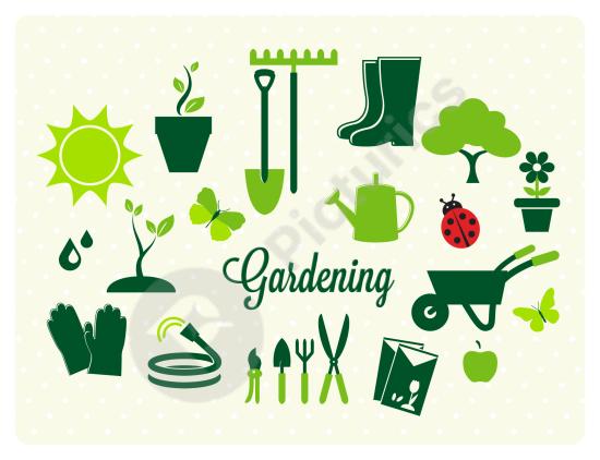 Collection of gardening icons featuring plants, tools, and nature elements, perfect for illustrations, websites, apps, and garden-related projects.
