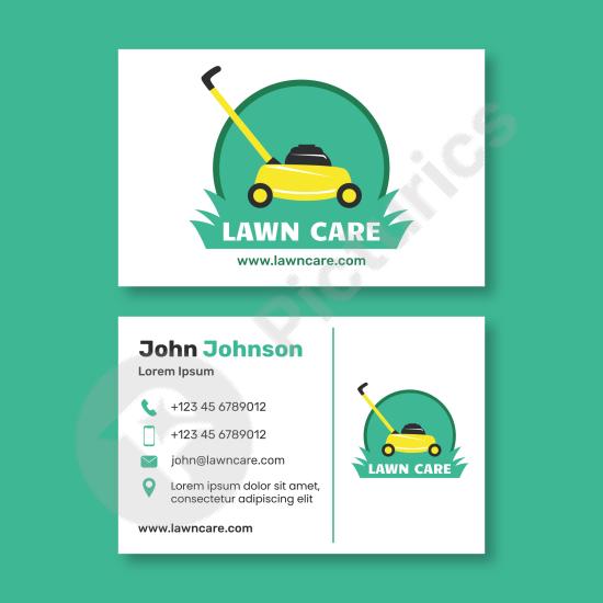 Professional lawn care business card template, ideal for landscaping services, gardening businesses, and modern branding projects.