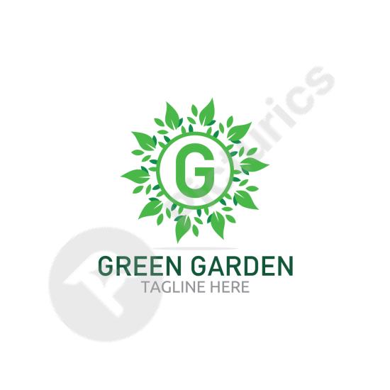 Green garden logo featuring leaves and natural elements, perfect for eco-friendly brands, landscaping businesses, and nature-inspired projects.