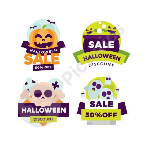 Set of flat design Halloween sale badges with spooky style, perfect for seasonal discounts and festive promotions.