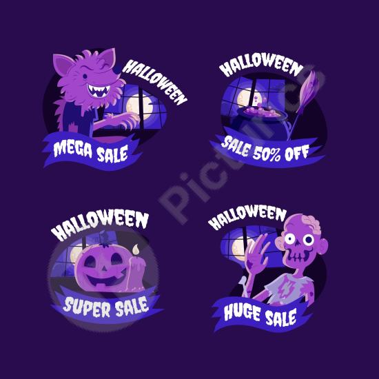Hand-drawn flat Halloween sale badges with spooky discount labels. Perfect for seasonal promotions and festive graphic designs.