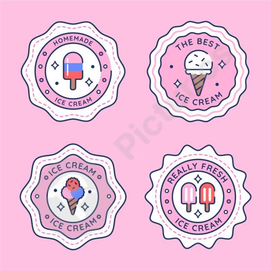 Hand-drawn flat ice cream labels collection. Perfect for dessert packaging, summer promotions, and sweet-themed designs.
