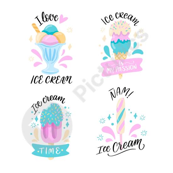 Collection of hand-drawn ice cream labels. Perfect for dessert packaging, summer treats, and sweet-themed graphic designs.