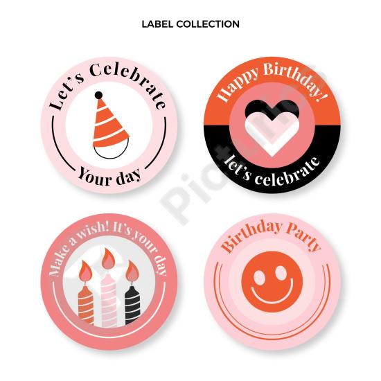 Flat mosaic birthday labels with colorful designs. Perfect for party decorations, invitations, and festive celebration projects.