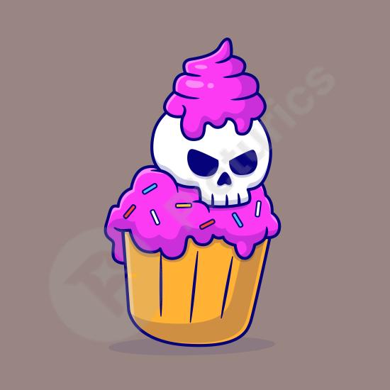 Cute cartoon skull cupcake icon illustration. Perfect for Halloween treats, dessert designs, and fun, festive graphics.