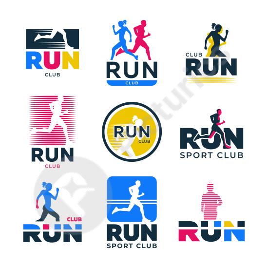 Retro flat logo set featuring colorful runner silhouettes. Ideal for sports branding, athletic events, and creative design projects.