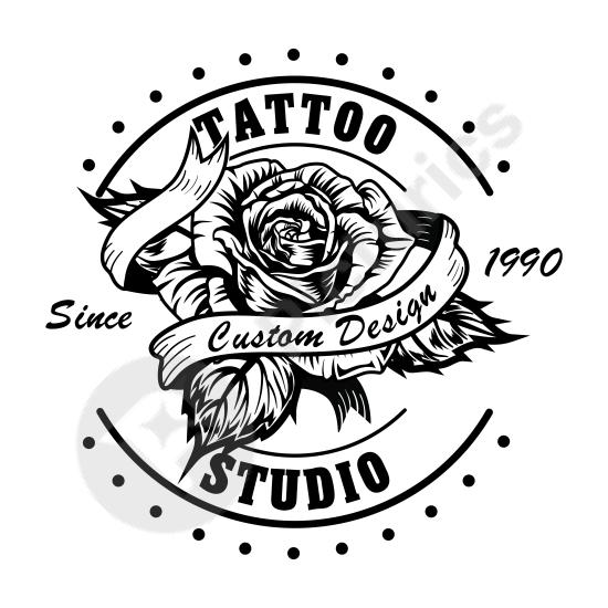 Elegant vintage tattoo studio logo featuring a black and white rose vector. Perfect for classic tattoo branding and design projects.