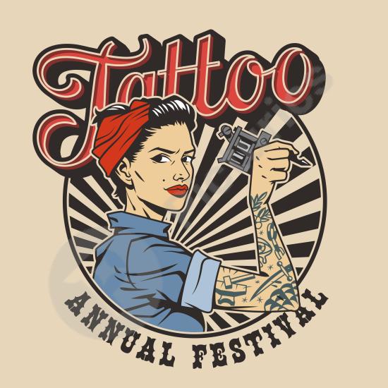 Colorful vintage tattoo festival label with retro design and bold style. Perfect for event branding, posters, and creative artwork.