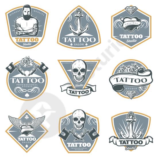 Set of colorful tattoo studio labels with artistic vintage style. Ideal for branding, poster design, and creative tattoo projects.