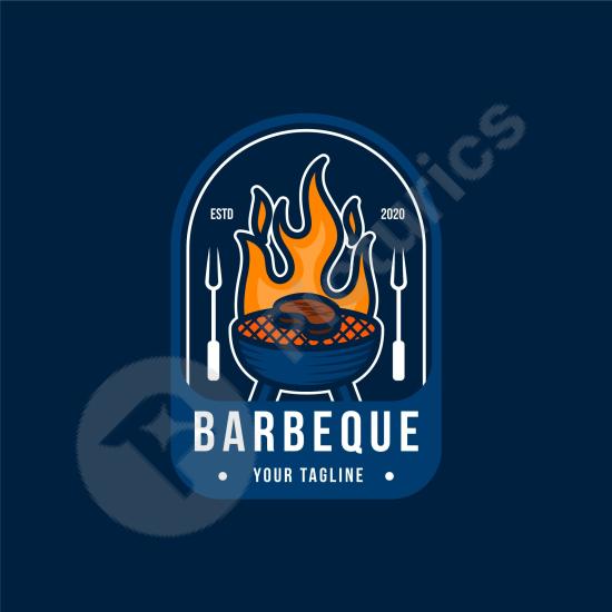 Detailed barbecue logo template with grill and fire elements. Perfect for BBQ restaurants, food trucks, or rustic branding designs.