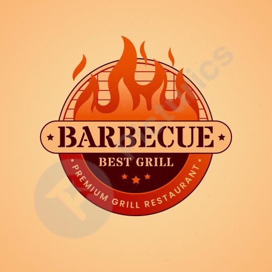 Detailed BBQ logo template with grill and flame details. Ideal for barbecue restaurants, food brands, or rustic-style graphic designs.