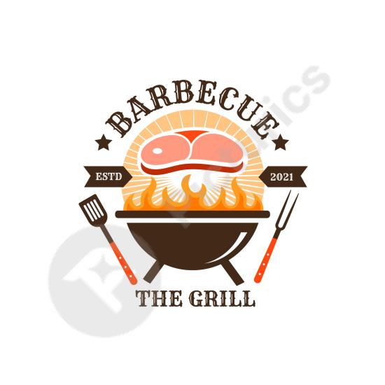 Creative BBQ logo template with detailed grill and flame elements. Perfect for barbecue restaurants, chefs, or rustic food branding.