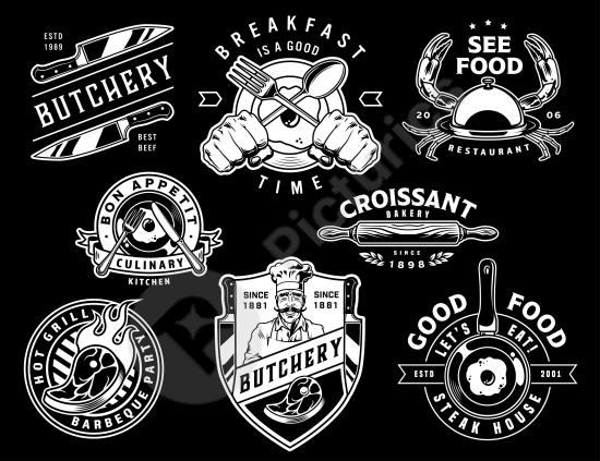 Set of vintage monochrome kitchen emblems with retro cooking style. Ideal for restaurant branding, chef logos, and food projects.