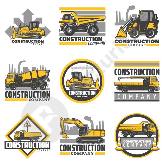 Vintage-style emblems featuring construction vehicles like excavators, mixers, and trucks, ideal for branding, signage, and industrial design projects...