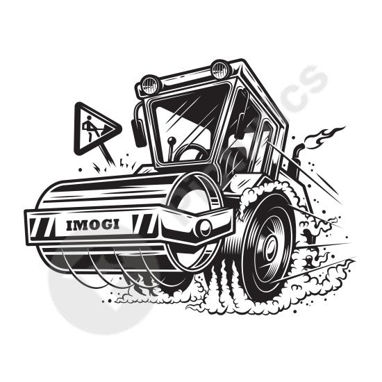 Monochrome road roller illustration with smoke effects, perfect for construction branding, heavy machinery services, industrial signage, and bold logo...