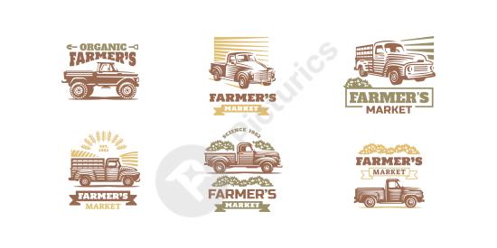 Vintage farmers market signs featuring a classic pickup truck and rustic produce themes, perfect for organic brands, food stands, and retro label desi...