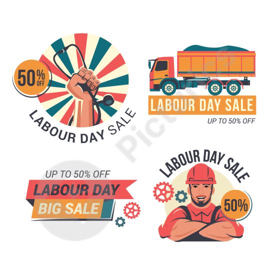 Flat Labor Day sale label collection featuring bold promotional designs, perfect for holiday discounts, marketing materials, online stores, and retail...