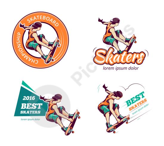 Colorful vintage skate logo set featuring retro boards and street-style designs, ideal for branding, stickers, and urban-themed projects.