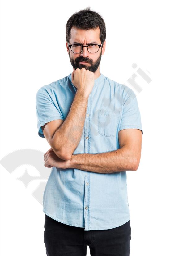 Portrait of a handsome man thinking, with artistic glass reflection effect. Perfect for concepts like ideas, emotions, introspection, and mental proce...