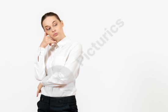 Front view portrait of a young office woman in a white blouse, thinking on a clean white background. Ideal for business, work, emotions and career con...