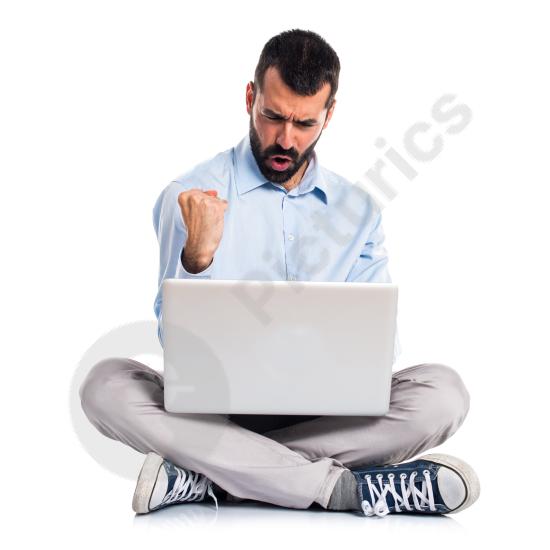 Lucky man using a laptop, symbolizing success, opportunity, online work, business growth, and modern digital lifestyle.