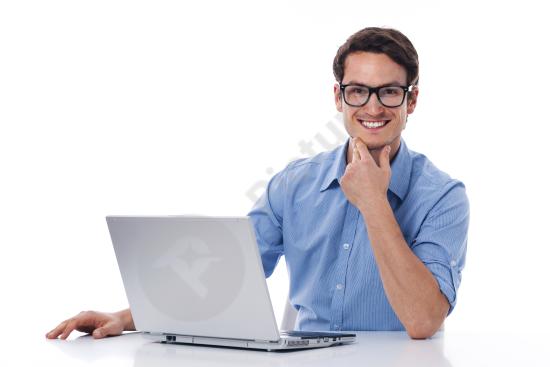 Handsome man working with a laptop, representing remote work, productivity, business, and modern professional lifestyle.