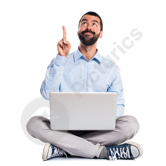 Man holding a laptop and pointing up, representing ideas, success, presentation, and modern digital business communication.