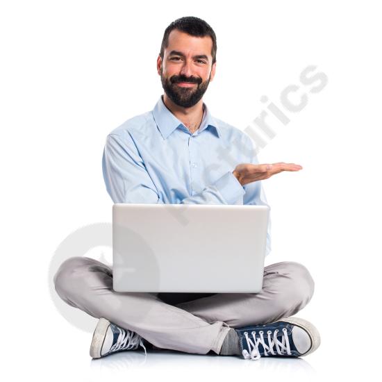 Man holding a laptop and presenting an idea, representing business presentation, communication, and modern digital work.