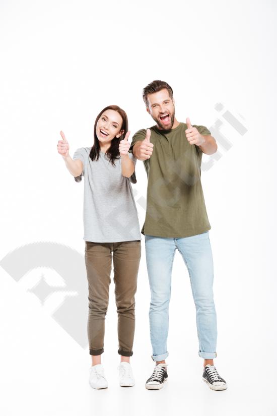 Funny couple showing thumbs up, expressing approval, positivity, happiness, and cheerful relationship moments.