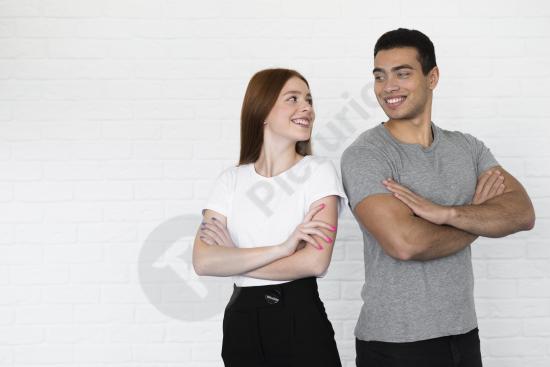 Adult man and young woman posing together, representing connection, relationship, lifestyle, and people interaction in a clean portrait style.