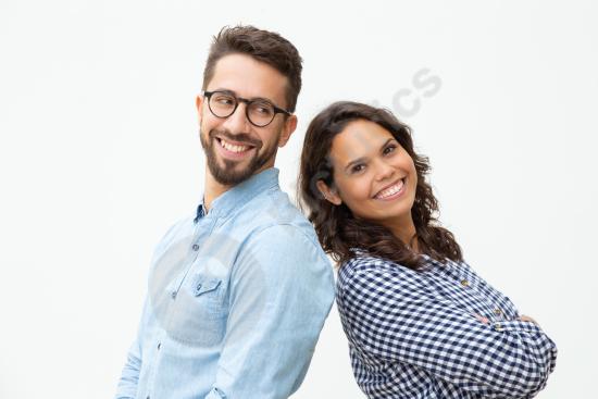 Content man and woman standing back to back, expressing confidence, balance, partnership, and positive lifestyle or relationship concepts.