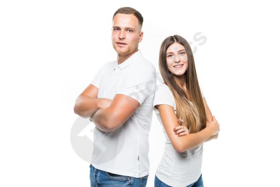 Pretty smiling young couple isolated on a white background, representing happiness, love, relationships, and positive lifestyle moments.