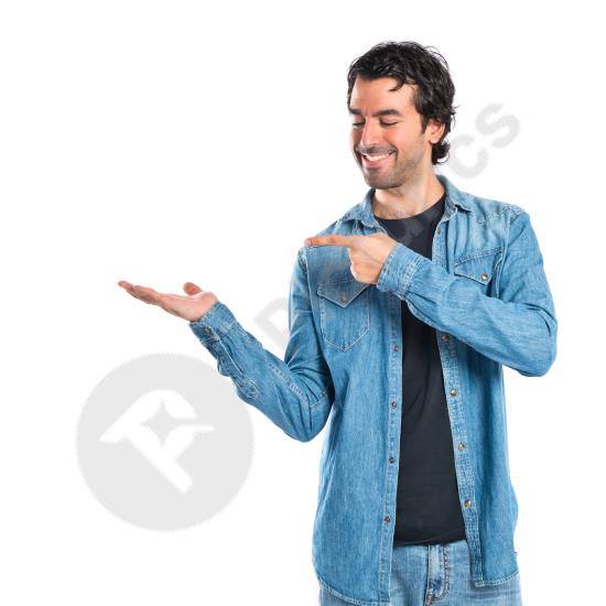 Man holding an object or copy space on a white background, perfect for advertising, product presentation, and marketing mockups.