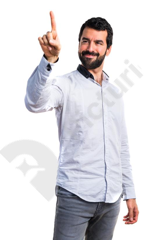 Adult person interacting with a touchscreen display in studio setting, ideal for technology, digital interface, and modern business concepts.