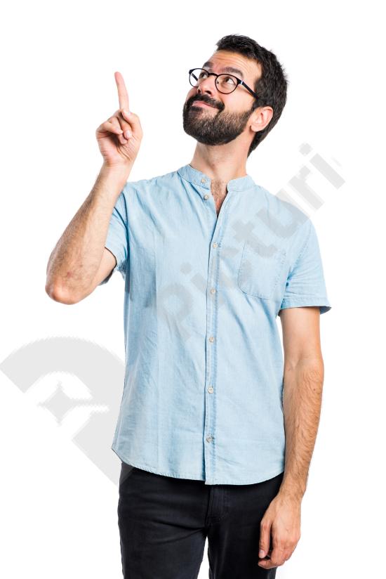 Handsome man pointing up with a confident expression, ideal for advertising, idea concepts, and call to action marketing visuals.