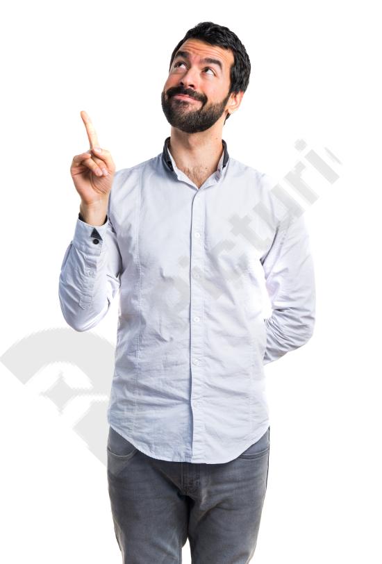 Man pointing up with his finger, expressing idea, direction, or call to action, perfect for advertising, promotion, and marketing concepts.