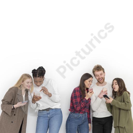 Friends using digital devices with copy space, ideal for technology, communication, social media, and modern lifestyle design concepts.