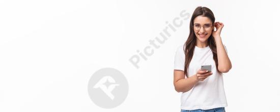 Cute caucasian woman wearing a t-shirt and glasses, representing communication, technology, and modern lifestyle concepts in a casual portrait setting...