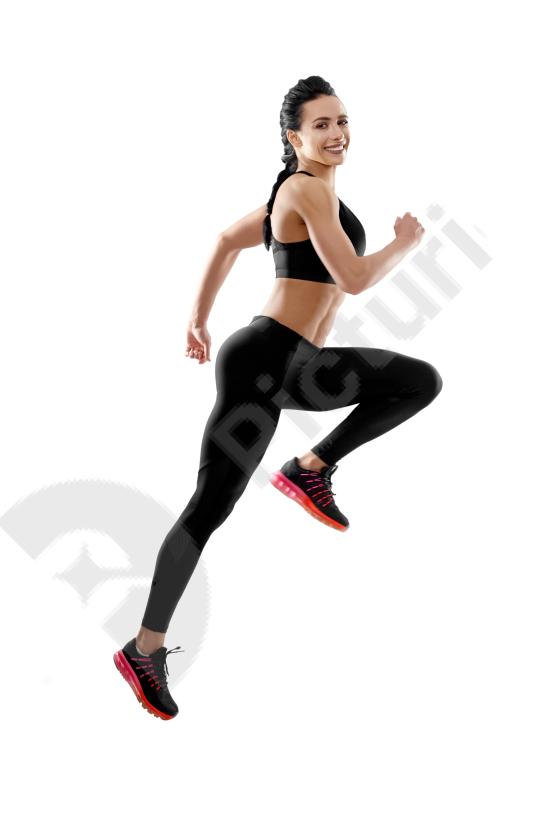 Fit model running in white studio background, showcasing fitness, healthy lifestyle, sportswear, and dynamic movement in a clean setting.